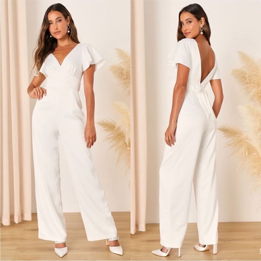 Lulus NWT Romantic Beginnings Satin Flutter Sleeve WideLeg Jumpsuit Ivory Medium